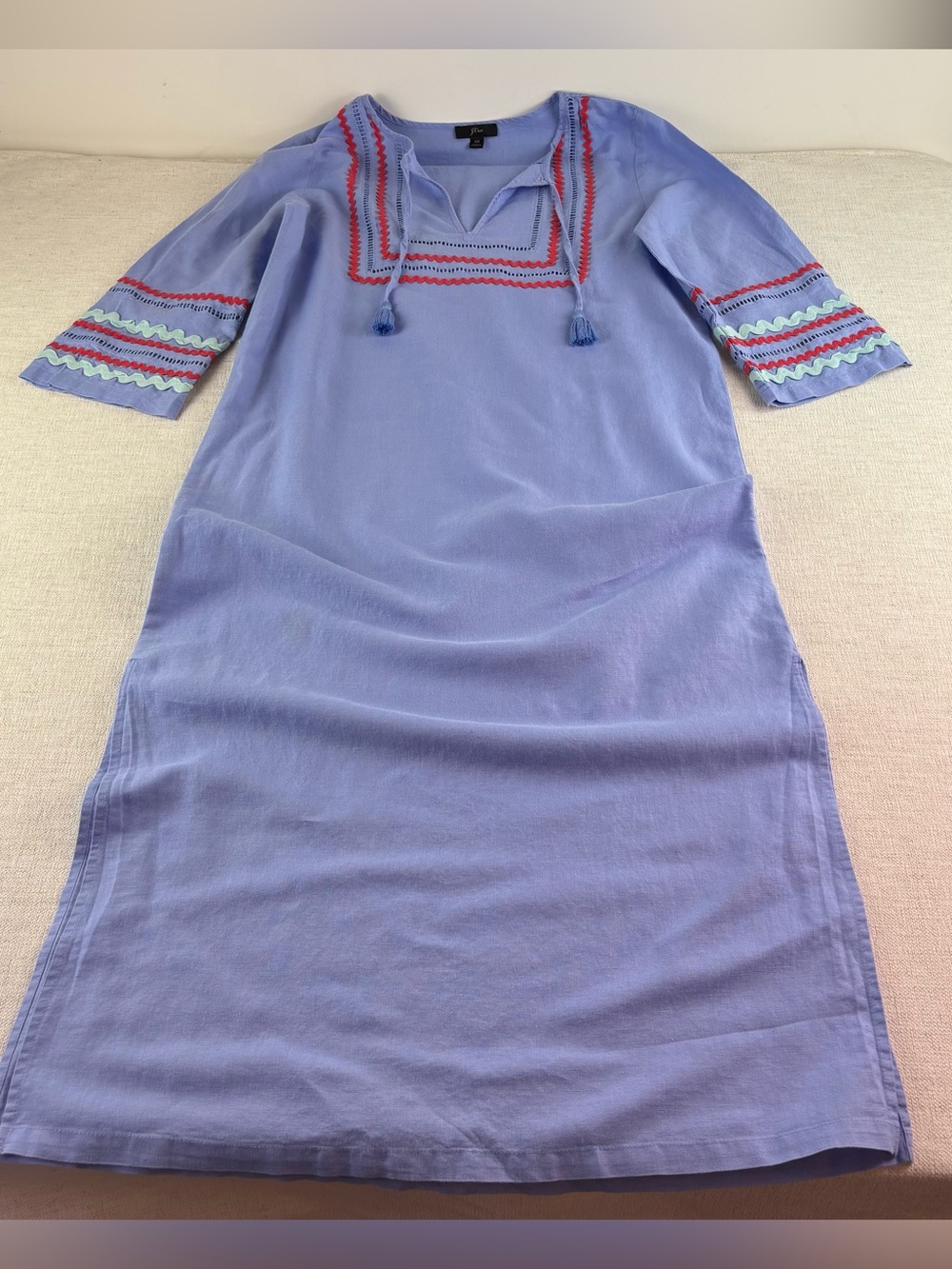 J Crew women XS linen beach Tunic Dress cover up Tassel Detail blue 3/4 sleeve